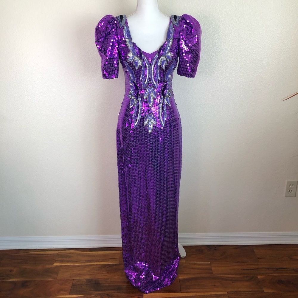 Alyce Designs Sequin Big Puff Sleeves Gown Vintage 1980s Dress Metallic Scoop N